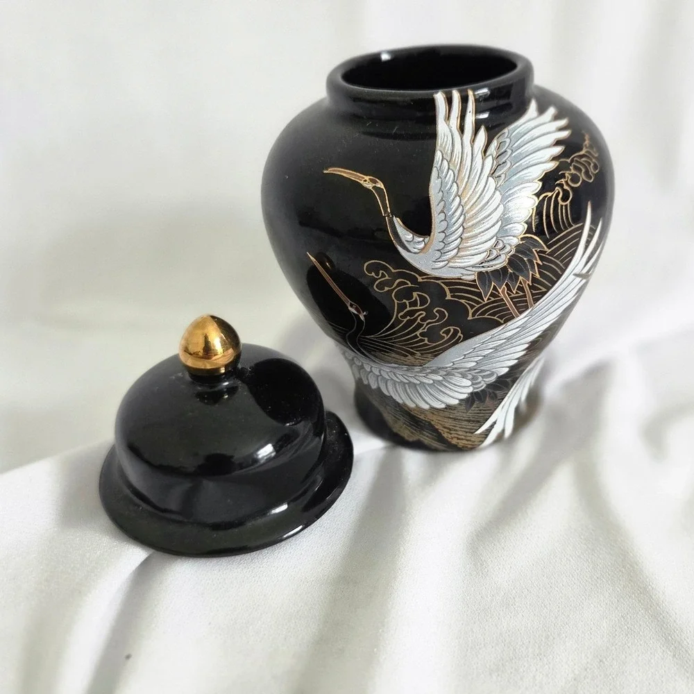Shibata Japan Black Porcelain Jar White Cranes Gold Accents 5 Inch